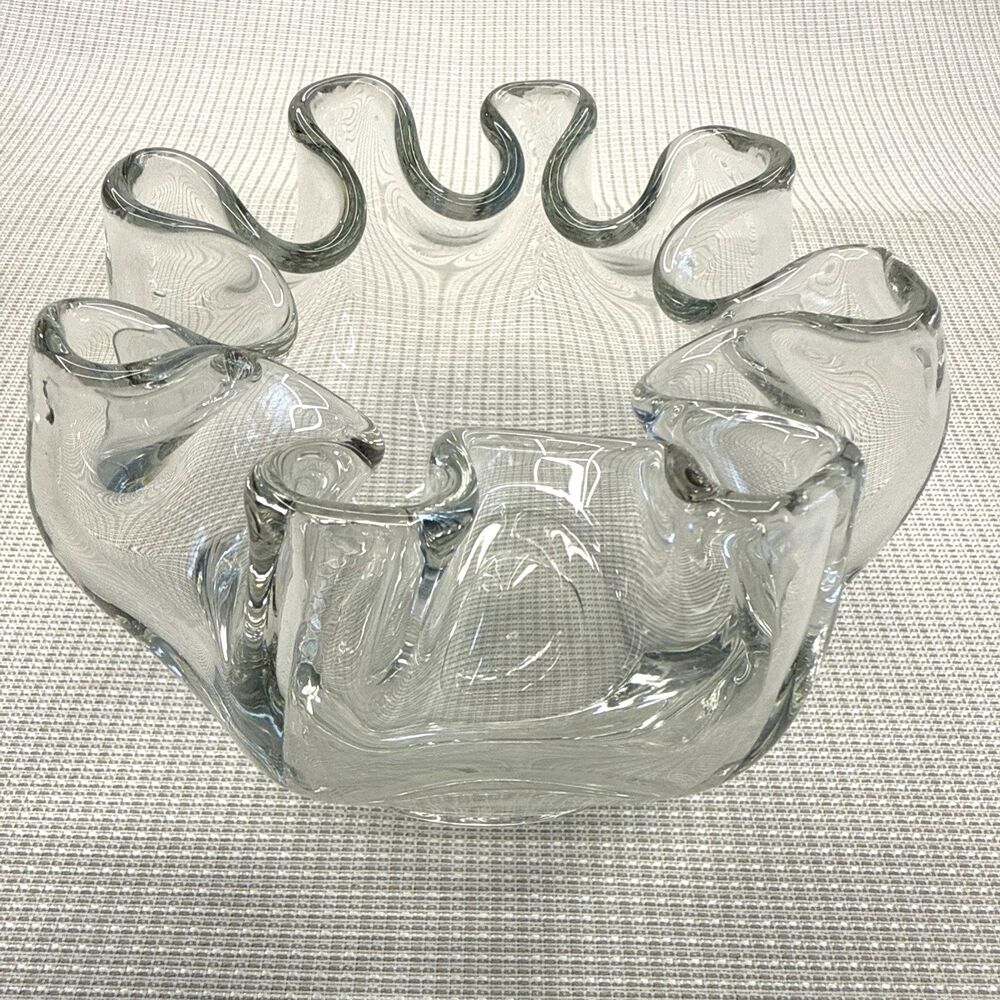Vintage Ribbon Glass Clear Bowl Vase Handkerchief Pinch Pleat Heavy EUC